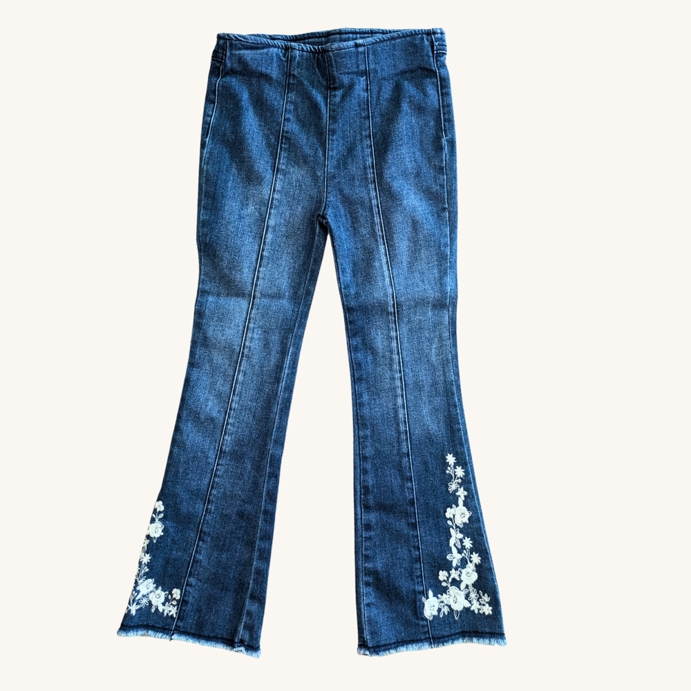 Girls Blue Flared Jeans with Floral Embroidery